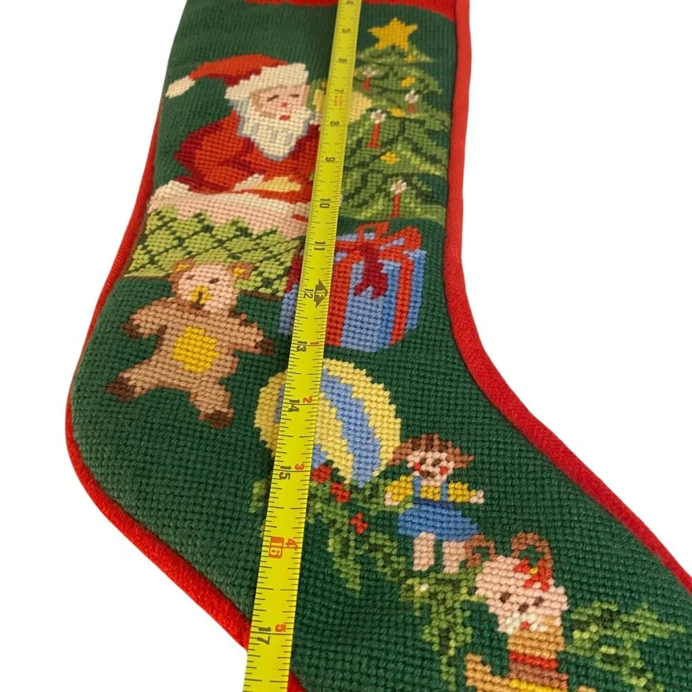 Handmade Needlepoint Red Velvet Christmas Stocking ‎ Santa Claus & Teddy Bear